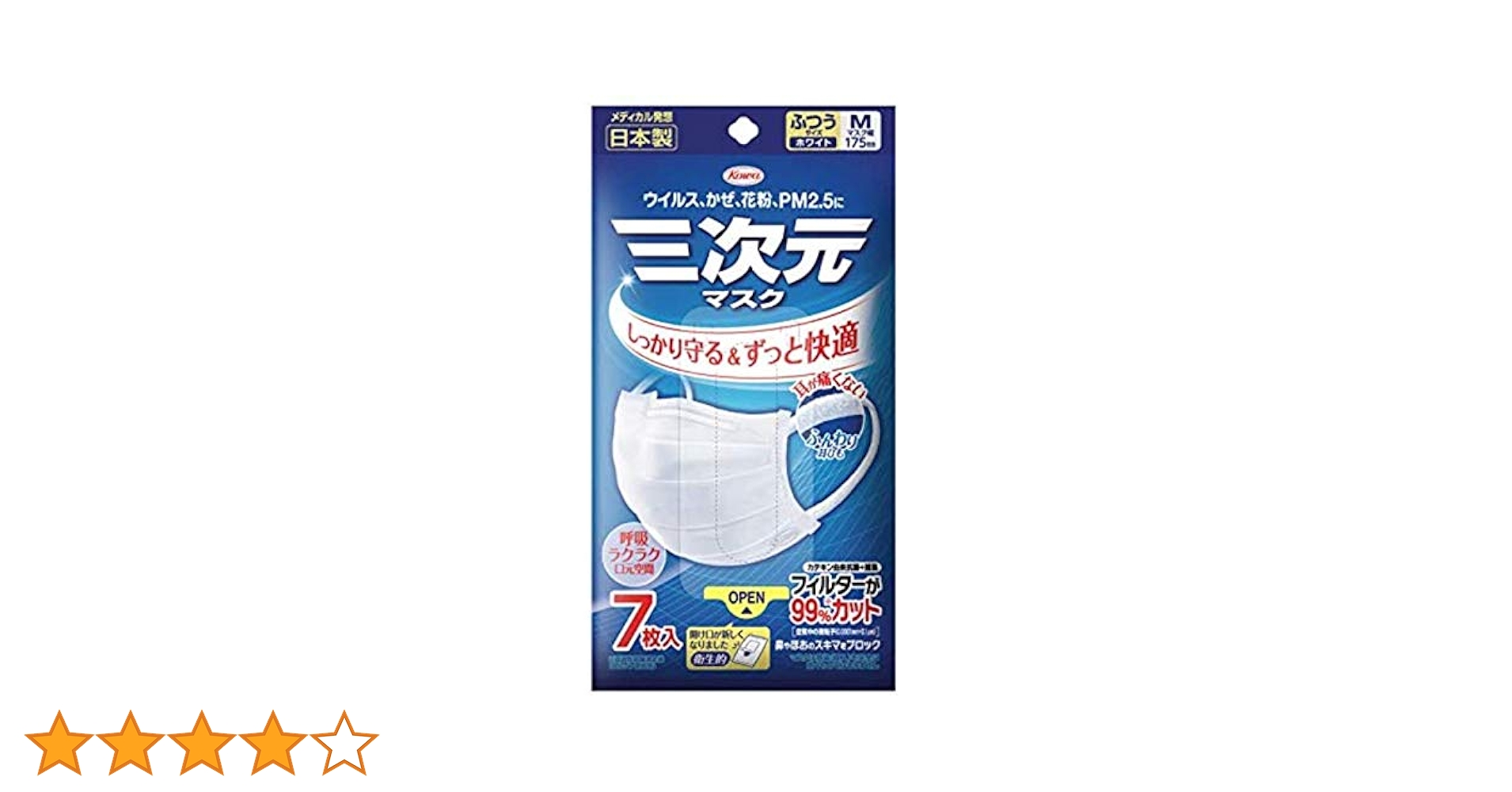 日本製　三次元マスク M サイズ 興和 三次元マスク ふつうMサイズ ホワイト 1箱（30枚入